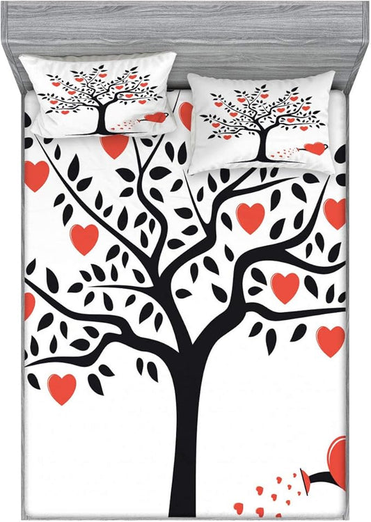 Ambesonne Valentines Day Fitted Sheet & Pillow Sham Set, Love Tree with Heart Romance Fruits Leaves Forest Couple Art, Decorative Printed 3 Piece Bedding Decor Set, King, Vermilion Black