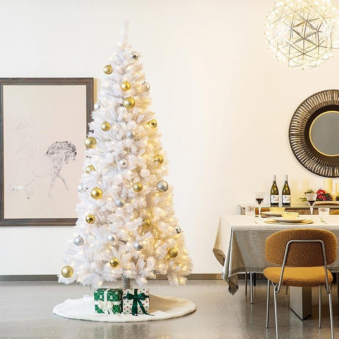 Glitzhome 8ft Pre-Lit Slim Artificial Christmas Tree, Aspen Frostfall Pine Hinged Holiday Xmas Tree with Foldable Metal Stand, 500 Warm White Lights, Ideal for Home, Office, Party Decoration