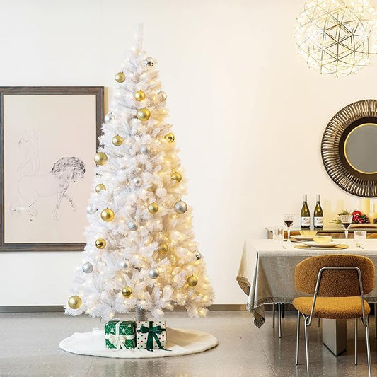 Glitzhome 8ft Pre-Lit Slim Artificial Christmas Tree, Aspen Frostfall Pine Hinged Holiday Xmas Tree with Foldable Metal Stand, 500 Warm White Lights, Ideal for Home, Office, Party Decoration