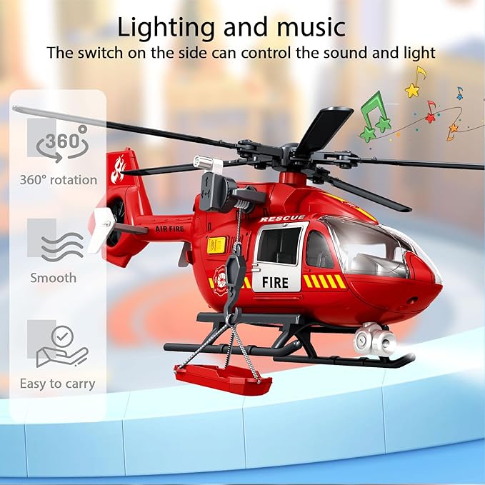 Wenbeier Fire Rescue Helicopter Toys for Boys with Hanging Basket Toy Airplane with Lights and Sound Firefighting Vehicles Toys for Kids Aged 3 4 5 6 7