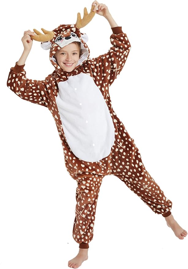 Kid Reindeer Onesie Pajamas Deer Christmas Halloween Costume Boy Girl Animal Onepiece, Dot Deer, 130cm