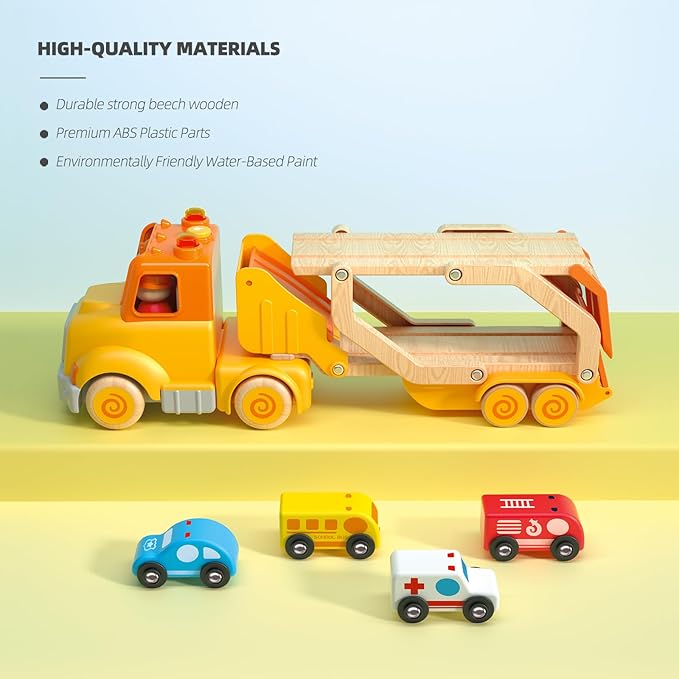 Toddler Car Toys for 2 3 4 5 Years Old Kids, Transport Carrier Truck Toy with 4 Wooden Vehicle, 24IN Foldable Track Trailer with Light & Sound Effects, Best Gift Choice for Christmas, Birthday