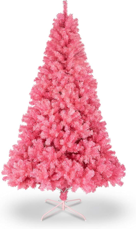Bonnlo Upgraded Full 6ft Artificial Pink Christmas Tree Holiday Decoration w/ 1,600 Branch Tips, Sturdy Metal Stand