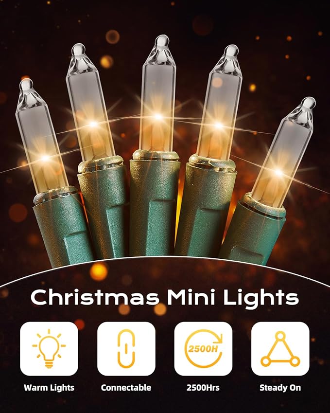 Brightown Clear Christmas String Lights, 100-Count 25ft Incandescent Bulb Mini Lights for Indoor Holiday Decor, Christmas Tree Garland Wedding Party Multi-Use Festival Decoration, Green Wire