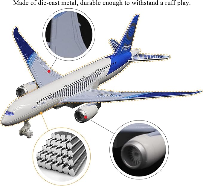 OTONOPI Airplane Toys Bump and Go Airlines Die Cast Metal Model Plane Toy with Lights and Sounds for Kids Blue