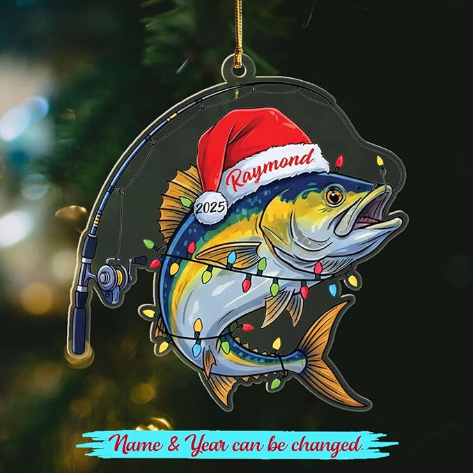 Personalized Year & Name Fishing Lover Christmas Tree Ornament Gifts for Men Dad Grandpa Uncle Husband, Customized Fishing Player Christmas Ornament Decor, Novelty Fish Shaped Xmas Ornaments 2025