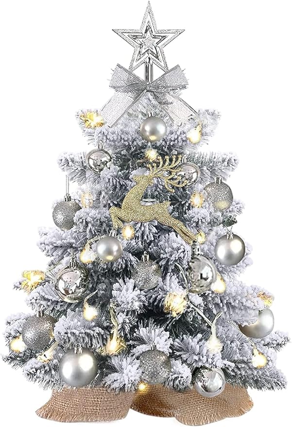 Mini Christmas Tree with Lights,24In/2ft Snow Flocked Pre-lit Tabletop Christmas Tree with 19 Decorations,Artificial Small DIY Decor for Table Desk Home