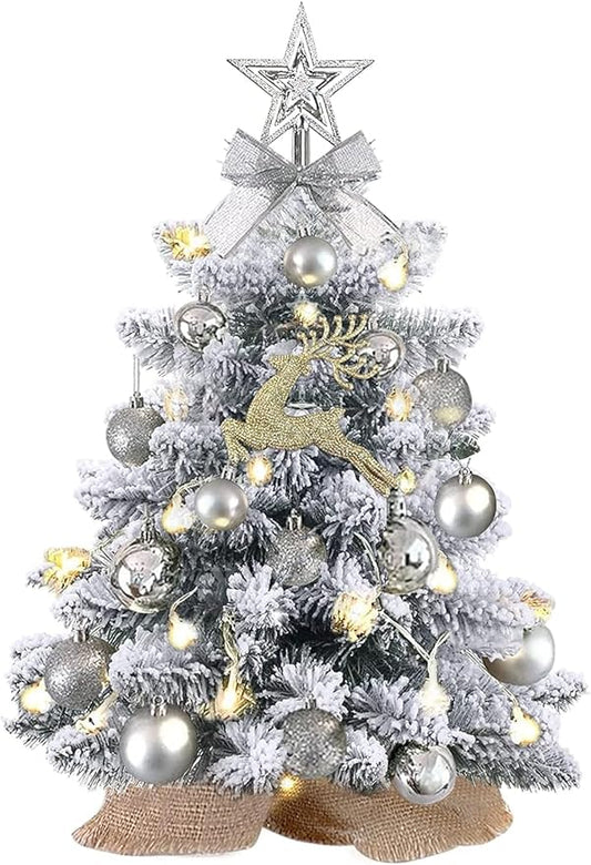 Mini Christmas Tree with Lights,24In/2ft Snow Flocked Pre-lit Tabletop Christmas Tree with 19 Decorations,Artificial Small DIY Decor for Table Desk Home
