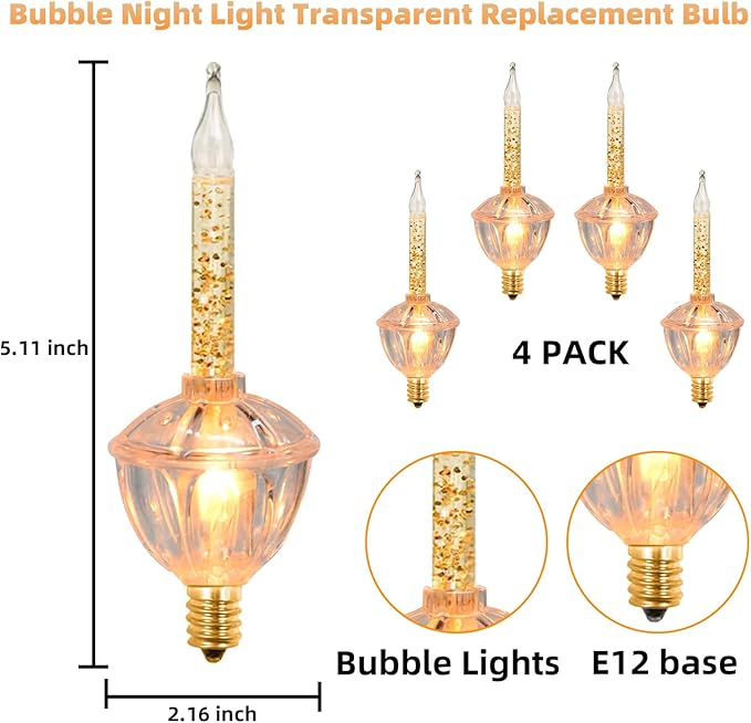 4 Pack Clear Christmas Bubble Lights With Golden Glitter, Vintage Tree Replacement Bulbs & C7 Candle Light for Holiday Home Decor, E12 Base, 5W