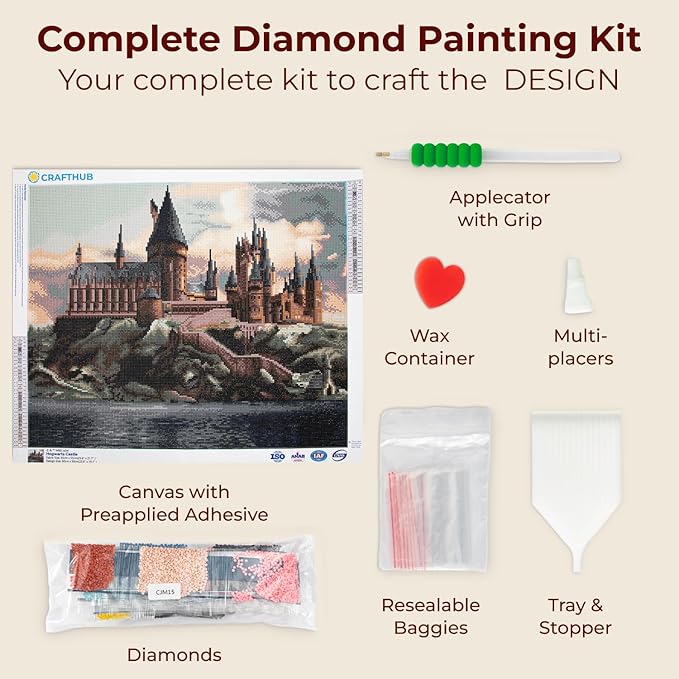 CRAFTHUB Harry Potter Diamond Art – Hogwarts Castle – 5D Diamond Painting Kit & Tools – with Big Trays & Light Pens – Officially Licensed Merchandise – 19.7' x 23.6"