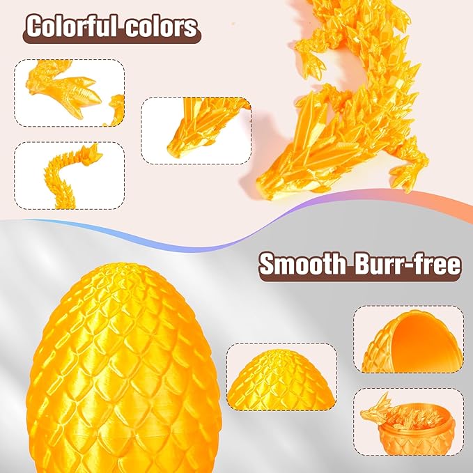 12''3D Printed Dragon and 4.73''Egg - 3D Printed Toys, Articulated Crystal Dragon Egg with Dragons Inside Fidget Toy, Decor Dragons Collectible Figurines (Silk Gold,12inch)