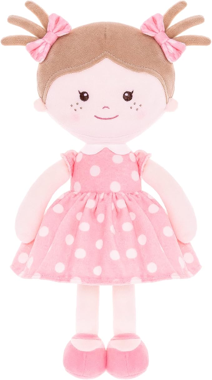 Onetoo Plush Rag Doll Sleeping Cuddle Buddy Doll Soft Baby Doll First Baby Doll Wear Coral Polka Dot Dress 14"（Milly Series）