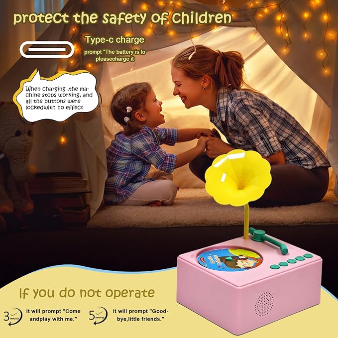 Kids Gramophone with 96 Learning Cards, Toddler Gramophone Music Toy, Kid Phonograph Toddler Record Player, Kid Gramophones, Children's Phonograph Story Music Player Gift Boys Girls (Pink)