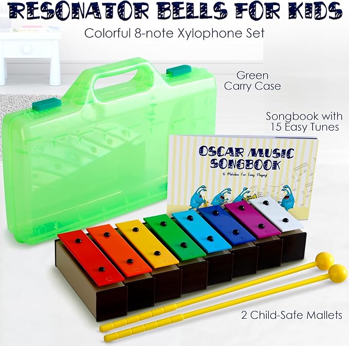 MINIARTIS Glockenspiel Xylophone | Educational Music Toys for Toddlers | 8 Notes Colorful Resonator Bells for Kids with 15 Songbook & Green Case | Great Birthday Gift for Children