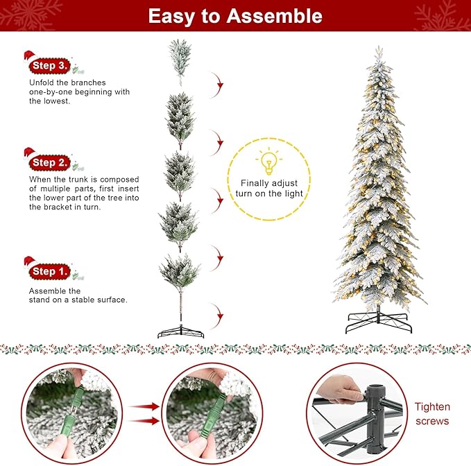 Glitzhome 11ft Prelit Christmas Tree, Artificial Christmas Tree with 700 Warm White Lights, Flocked Pencil Tree Chicago Frostwood Spruce Xmas Tree w/2890 PE&PVC Branch Tips and Sturdy Metal Stand