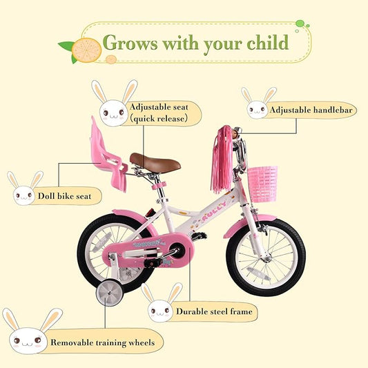 RULLY Kids Bike 12 14 16 inch for 2-7 Years Girls with Training Wheels & Front Handbrake, Kids Bicycle with Basket Bike Streamers Toddler Cycle Bikes