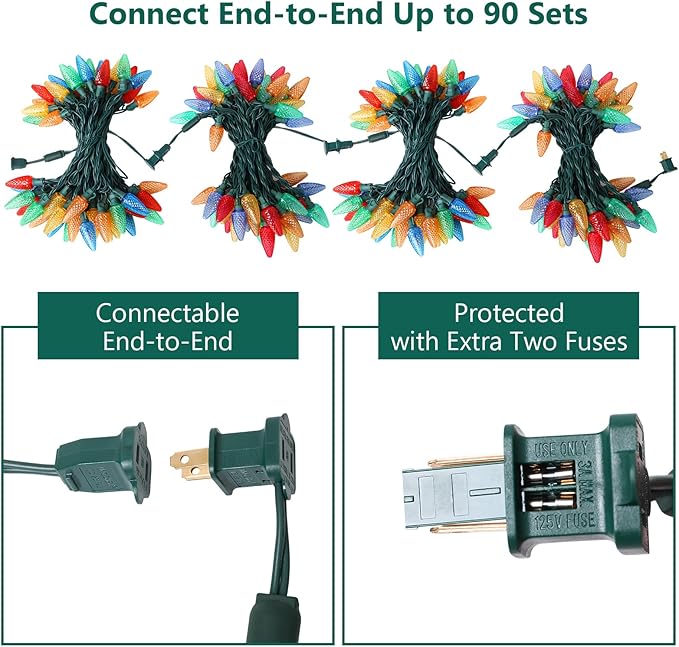 2-Set C9 LED Christmas String Lights, 33.3ft 50 LED Waterproof Decorative Light Strand, Extendable Green Wire String Lights for House, Christmas Tree, Patio, Party Decoration, Multicolor