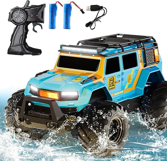 Amphibious Remote Control Car Waterproof Monster RC Cars 4WD All Terrain Off-Road Stunt Vehicle Toys with 2.4 GHz LED Lights for 6 7 8 9 10 11 12+ Year Old Kids Boys Girls Gifts Presents (Blue)