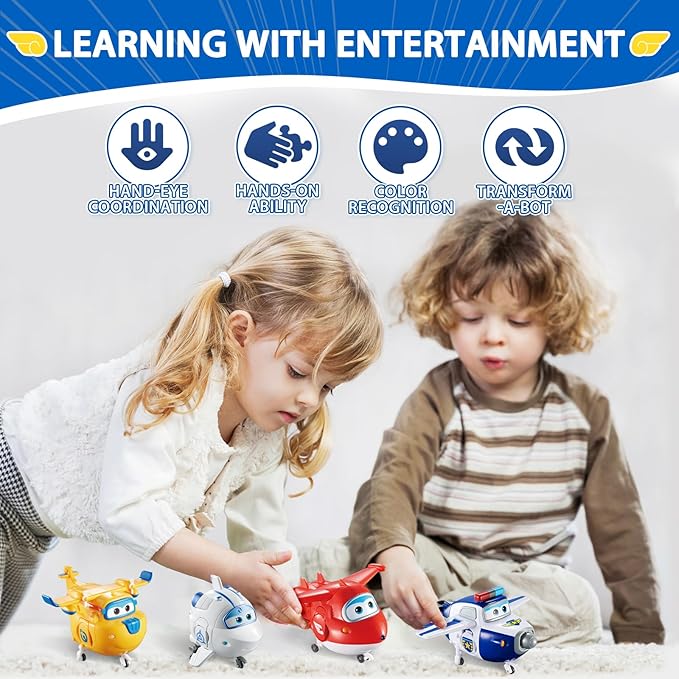 Super Wings 5" Transformable 4-Pack Action Figure Tobot, Transforming Airplane Robot Toys, Educational Toys for Boys & Girls Age 3+, Gifts for Preschool Kids, Jett, Paul, Donnie, Astra