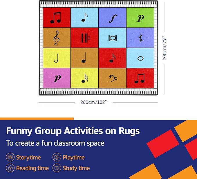 Music Note Classroom Rug 6'5"x8'5" Elementary Music Classroom Seating Rug with 16 Seats Colorful Muiscal Area Rug for Nursery, Preschool, Kids Room and Music Studio