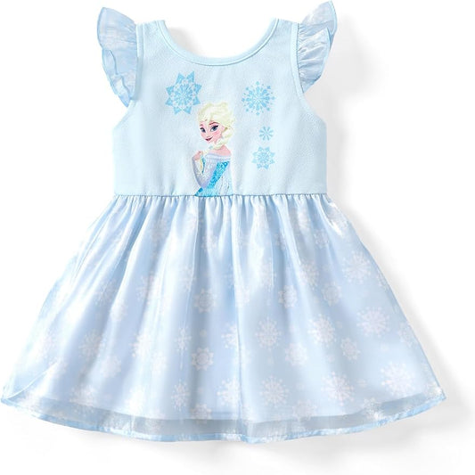 Disney Frozen Elsa Princess Cinderella Ariel Jasmine Rapunzel Baby/Toddler Dress, Ruffle Long-Sleeve Mesh Overlay Tulle Dress