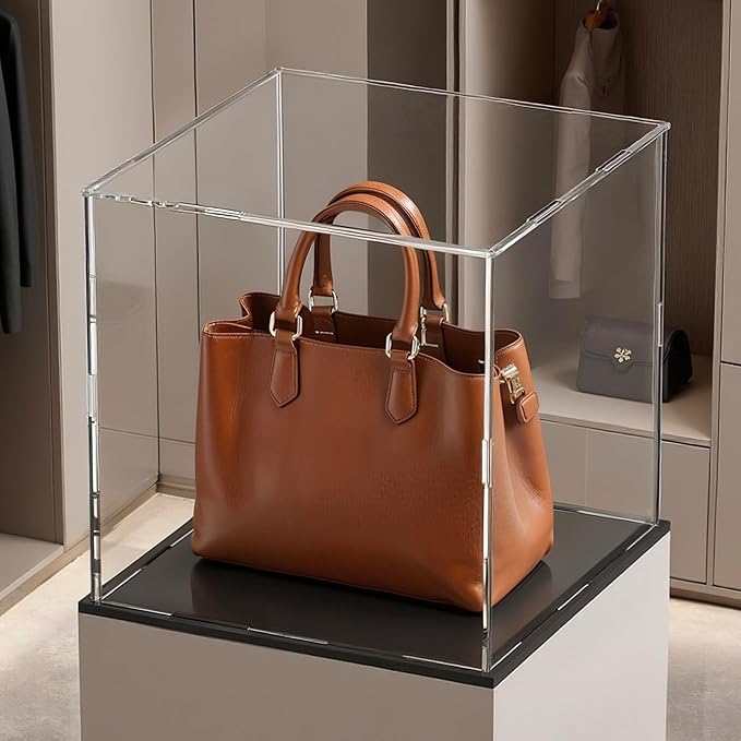 Acrylic Box with Matt Black Base, Simple Self-Assembly Clear Acrylic Display Case, 13x13x13 inch Showcase with Lid for Collections, Figures and Dolls