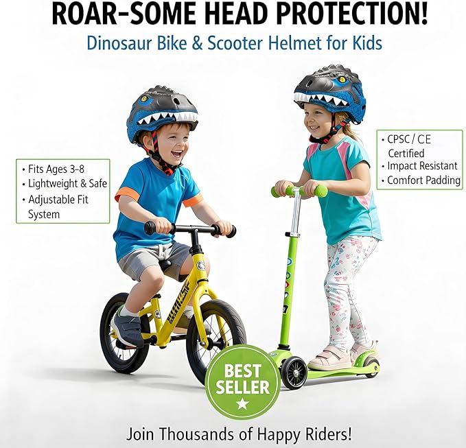 KINGBIKE Toddler Helmet 2-3-5-8 Years Kids Balance Bike Helmets Size Adjustable 3D Dinosaur with Led Light for Skateboard Scooter Cycling Skaterolling