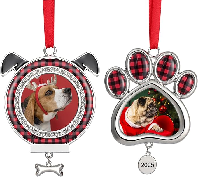 2PCS Dog Christmas Picture Frame Ornaments, 2025 Dogs Paw Photo Frames Xmas Puppy Ornament Home Decoration Keepsake for Pet Memorial Gifts, Animal Lovers Gift, Pets Owner Presents