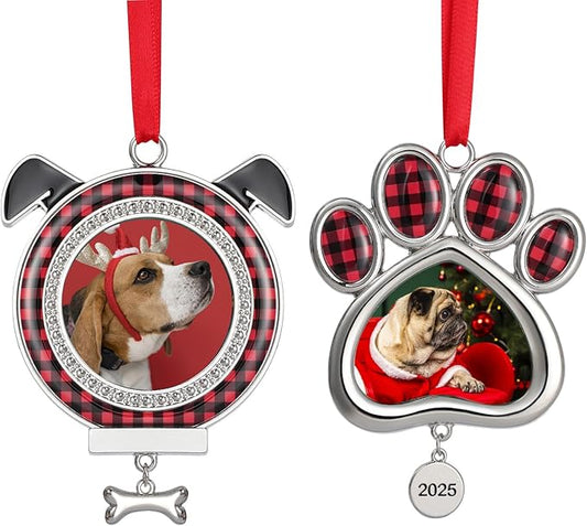 2PCS Dog Christmas Picture Frame Ornaments, 2025 Dogs Paw Photo Frames Xmas Puppy Ornament Home Decoration Keepsake for Pet Memorial Gifts, Animal Lovers Gift, Pets Owner Presents