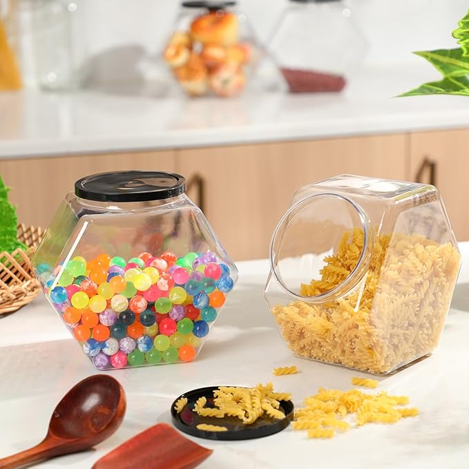 Norme 4 Pcs 129 oz Plastic Candy Jars with Lids Hexagon Cookie Jars for Kitchen Counter Candy Bar Containers Acrylic Clear Containers for Buffet Storage Display Dog Treat Laundry Pod Buffet Craft
