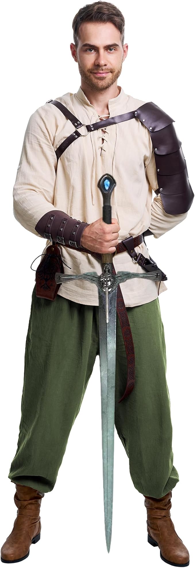 8 Pcs Men's Renaissance Costume Halloween Medieval Pirate Shirt Pant Viking Costume Accessories Set