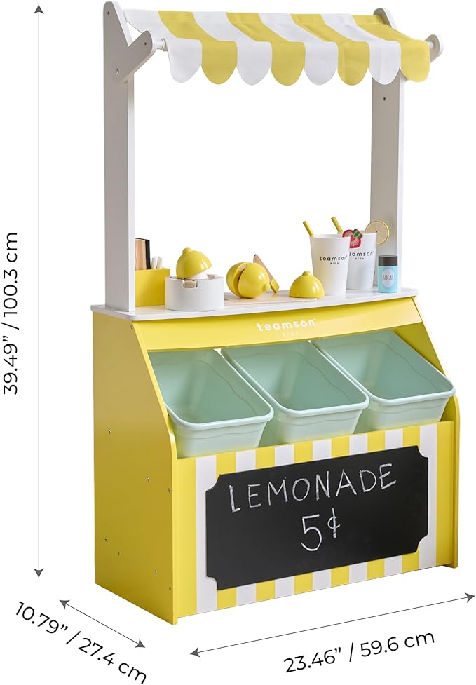 Teamson Kids Wooden Lemonade Stand for Toddlers, Pretend Play Grocery Shop with 18 Accessories, Juice Squeezer, Storage Bins, Yellow White, Age 3+