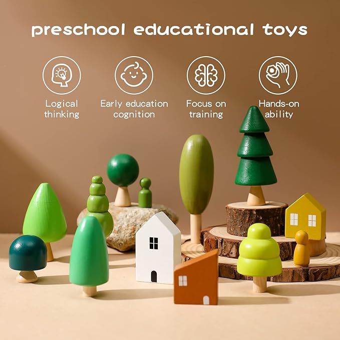 Wooden Forest House Stacking Toy Set with 13PCS Wood Miniature Tree Blocks Set Elegant Ornaments for Home Decor Accessories for Baby 36 Months+