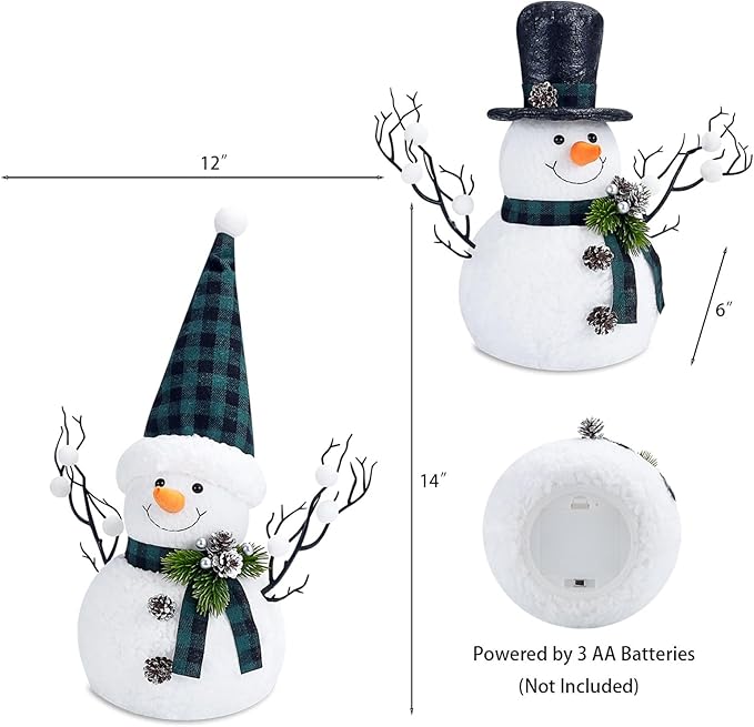 2 Pack Green and White Christmas Day Decor, 14" Lighted Plush Christmas Day Snowman Decorations, Light Up Snowman Holiday Present, Table Mantel Desk Fireplace Shelf Home Holiday Minimalist Decor