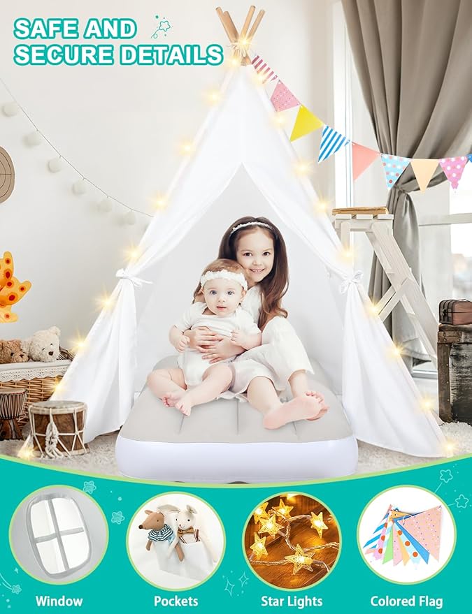 Teepee Tent for Kids Slumber Party 6 Pack - Inflatable Airbed & Star Lights & Colored Flag - Indoor Outdoor Toddler Play Tent for Girls Boys Birthday Gifts Sleepover Party (White)