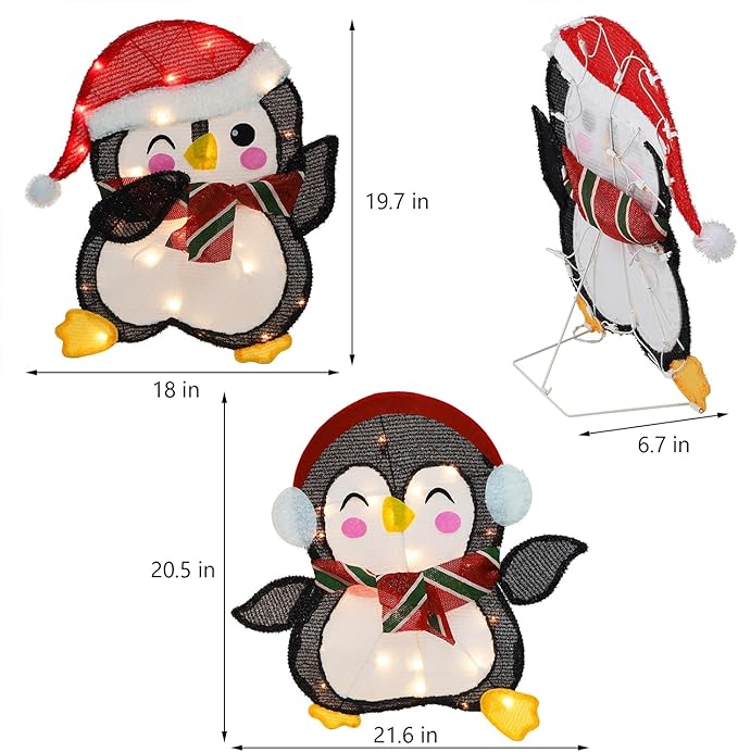 Hausse Set of 2 Lighted Christmas Penguins Decorations, Pre-Lit 2D Tinsel Cute Penguin with Incandescent Lights, Light Up & Plug in for Indoor Outdoor Xmas Winter Holiday Yard Lawn Garden Decor