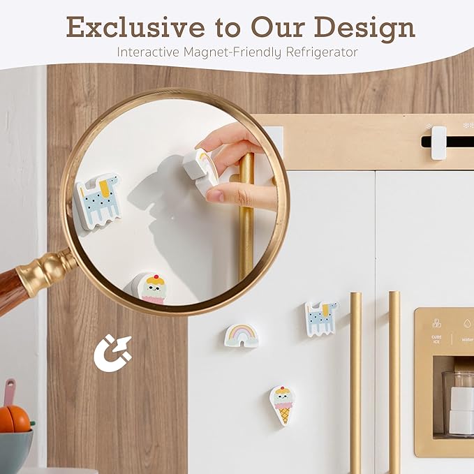 Wooden Play Kitchen Fridge – Interactive Ice Maker, Double Door Storage & Creative Fridge Magnets, Pretend Play Refrigerator for Boys & Girls 3+