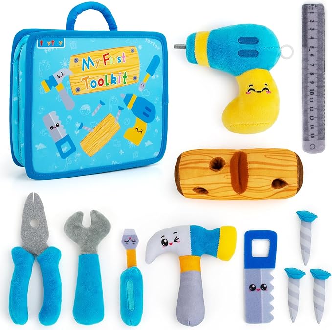teytoy My 1st Toolbox Playset, Baby Tool Set for 1 Year Old, Pretend Play Construction Toy with Zippered Tool Box, Montessori Stem Plush Tool Kit Toys Birthday Gift for Toddlers Girls Boys