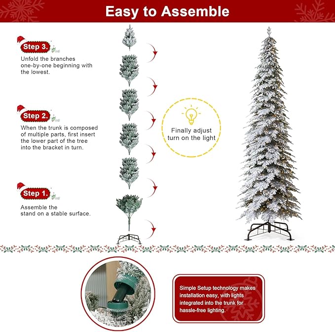 Glitzhome 15ft Prelit Christmas Tree, Artificial Christmas Tree with 1400 Warm White Lights, Flocked Pencil Tree Chicago Frostwood Spruce w/4335 PE&PVC Branch Tips and Sturdy Metal Stand, Simple Setup