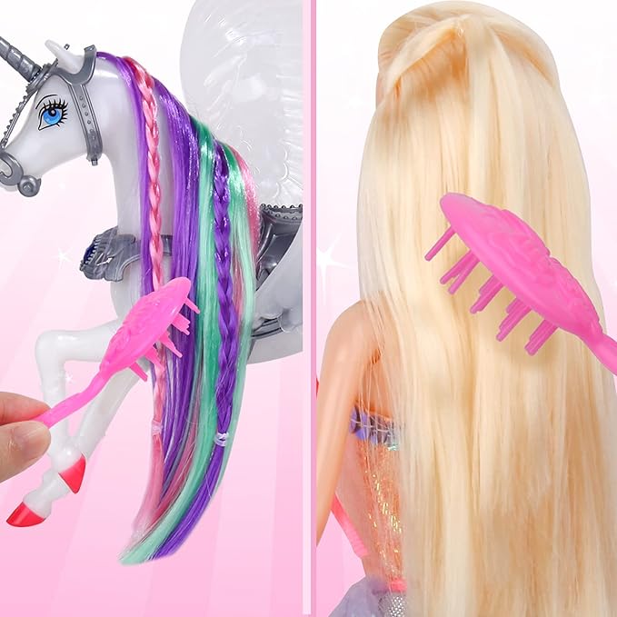 MEGAFUN Color Change Unicorn Toys & Princess Doll, Unicorn Doll with Rainbow Braided Hair, Removable Saddle&Wings, Princess Toy Unicorn Gifts for Girls