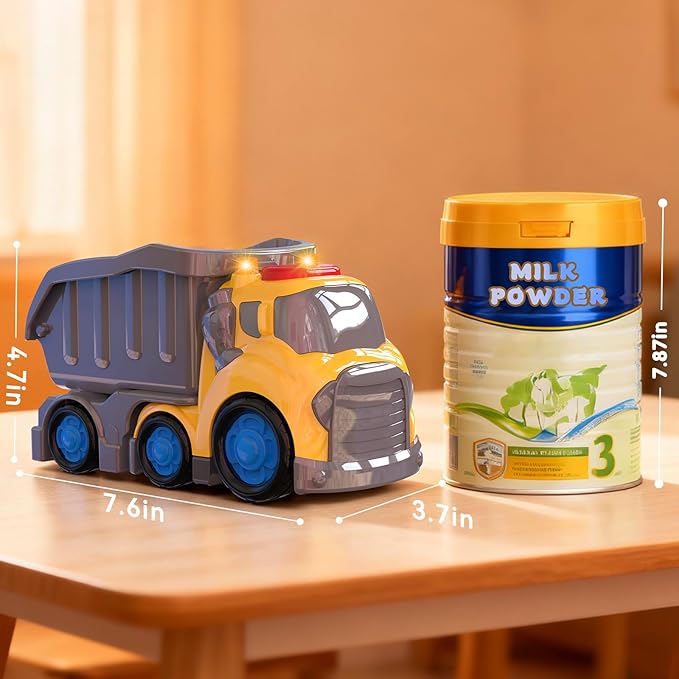 P&C 7.6" Toddler Construction Dump Truck Toys for Ages 2-4, Beach Sand Outdoor Toys Dump Truck Set with Sounds and Lights for Kids 18M+, 2, 3, 4, Ideal Birthday Christmas Gifts for Boys Girls
