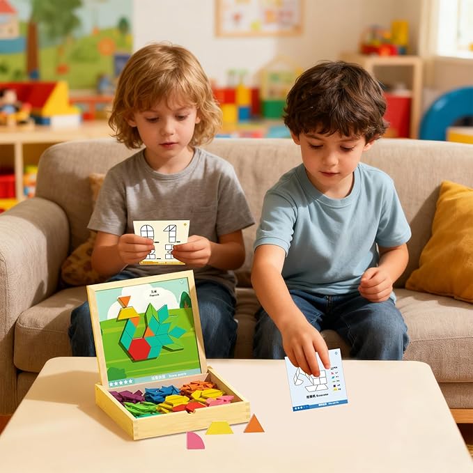 Pattern Blocks, Creative Learning Design, 22.5x22.5x3.7cm, Wooden Magnetic Educational Toys, STEM Tangram Shape Block Set, Exciting to Play, for Kids Boys Girls Home Travel Classroom