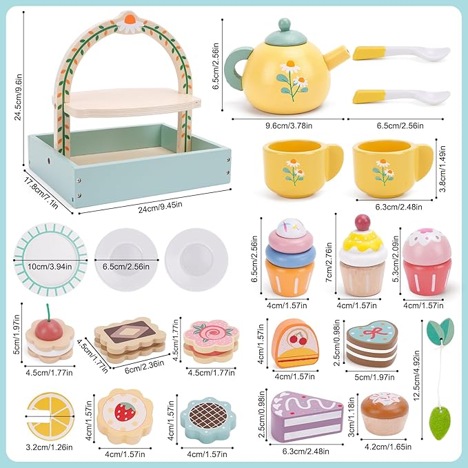 Wooden Tea Party Set for Little Girls, Tea Set Toddler Girl Toys, Pretend Play Tea Sets for Toddlers 3-5, Wooden Toys with Cupcake Stand & Play Kitchen Accessories for 3 4 5 6 Years Old Gifts