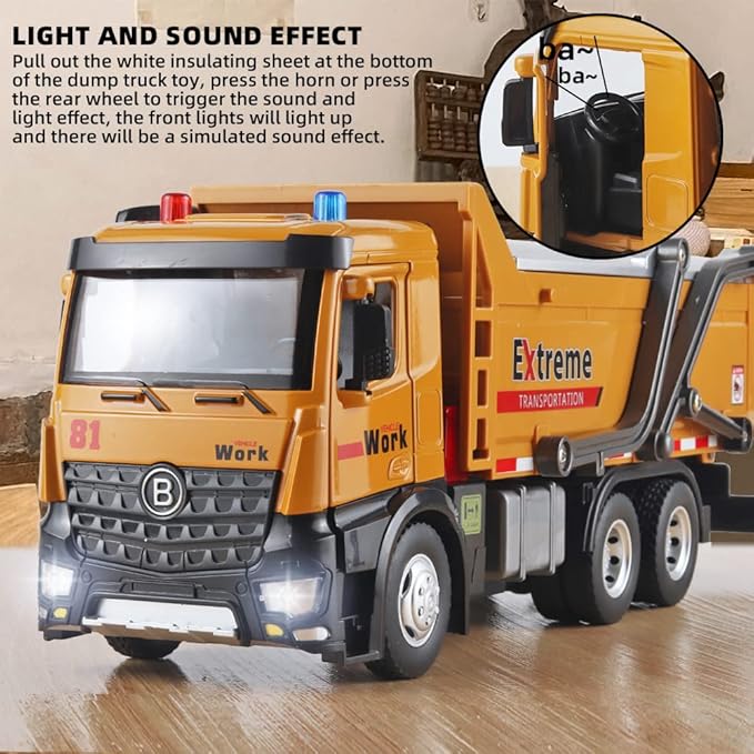 Children Dump Truck Toy Metal DieCast Construction Trucks,Construction Toys with Simulated Sounds and Lights,Dump Truck Toy with Openable Rear Hood,Dump Trucks for Boys Age 4-7