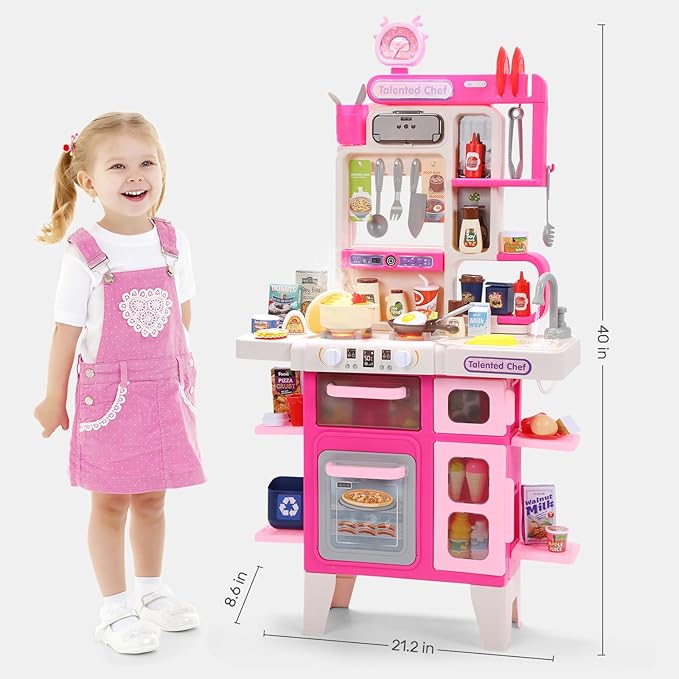 CUTE STONE Kids Kitchen Playset, Play Kitchen Set with Sound & Light, Cooking Stove with Steam, Toy Sink,Play Food Toy and Kitchen Accessories for Pretend Play, Kitchen Toy Set for Toddler Girls, Pink