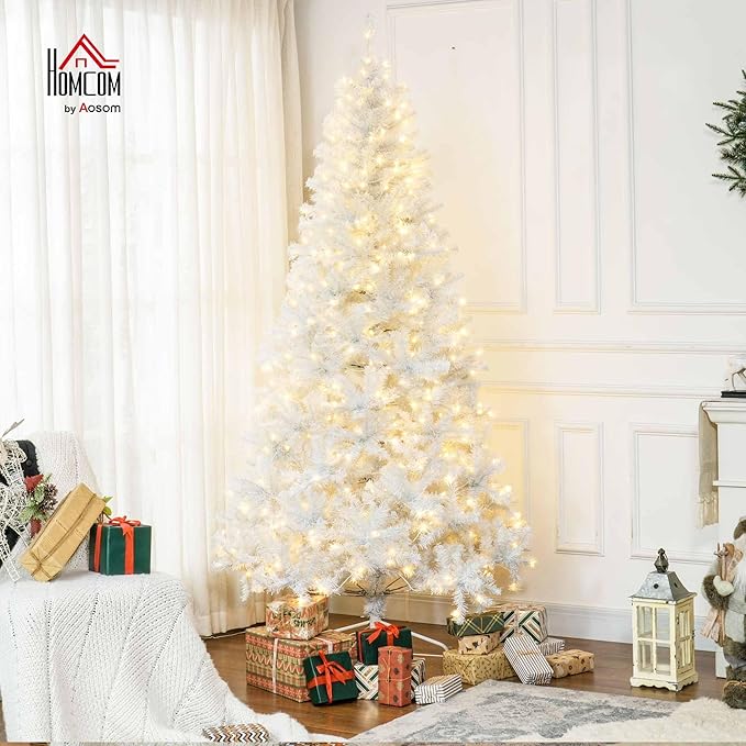 HOMCOM 7.5' Tall Prelit Christmas Tree Douglas Fir Artificial Christmas Tree with Realistic Branches, 500 Warm White LED Lights and 1346 Tips, White