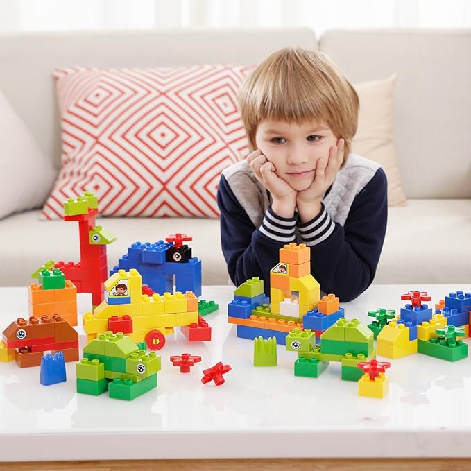 burgkidz Big Building Block Set - 214 Pieces Toddler Educational Toy Classic Large Size Building Block Bricks - 13 Fun Shapes and Storage Bucket - Compatible with All Major Bulk Bricks Set