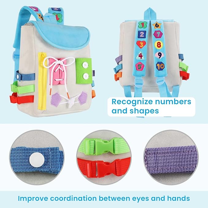 Busy Board - Toddler Backpack with Buckles and Learning Activity Toys - Develop Fine Motor Skills and Basic Life Skills - Learn to Tie Shoes - Children's Travel Toy (Grey)