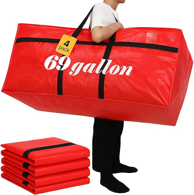 Windyun 4 Pack 69 Gallon Extra Large Storage Bags XXL Moving Bags with Zipper Handles Heavy Duty Jumbo Big Totes Box for Halloween Skeleton 4-12 Feet Christmas Tree Storage College Dorm Cloth (Red)
