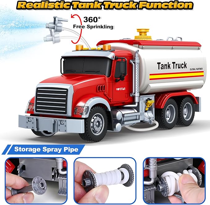 Kids Toys for 3 4 5 6 7 8 Years Old Boys, Large Tanker Truck Toy with Lights, Sounds, Water Pump, Red Toddler Friction Powered Oil Truck Vehicle Toy for Boys Girls Christmas Birthday Gifts